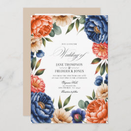 French Blue, Coral, and Sand Beige Floral Wedding Inbjudningar