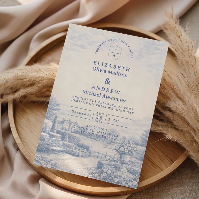 French Blue Countryside Toile Wedding Inbjudningar (Skapare uppladdad)