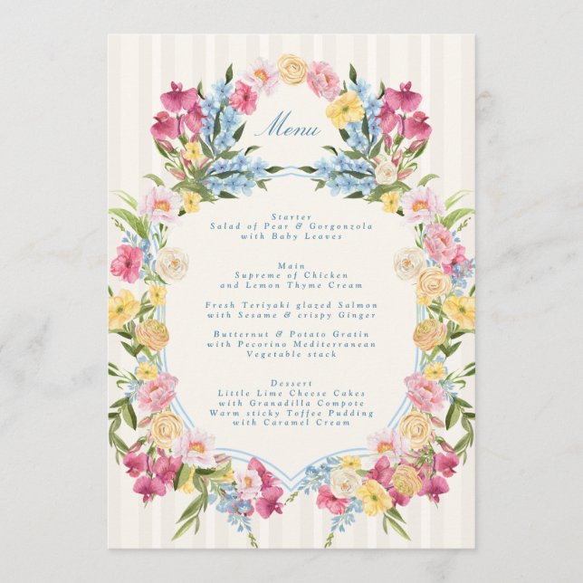French Blue Floral Monogram Spring Wedding Meny (Framsida)