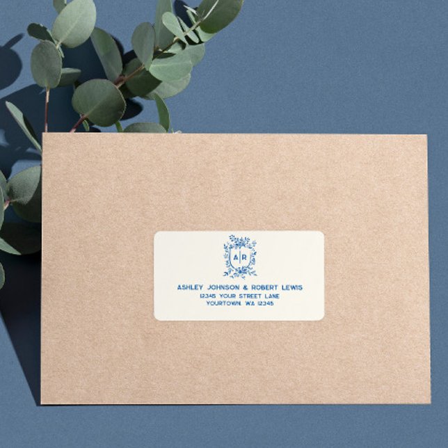 French Blue Monogram Crest Wedding RSVP Address Adressetikett (Skapare uppladdad)