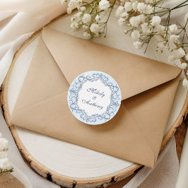 French Blue Ornate Monogram Wedding Seal Runt Klistermärke