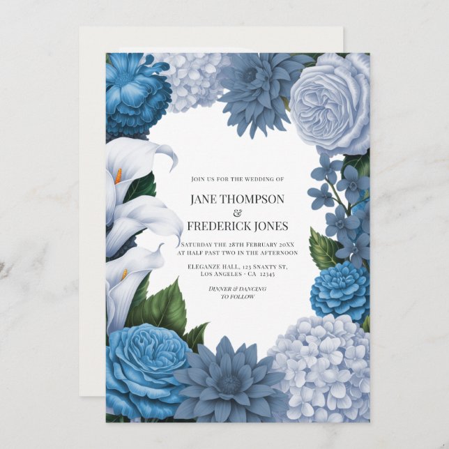 French Blue, Storm Slate & Petal Fog Wedding Inbjudningar (Fram/baksida)