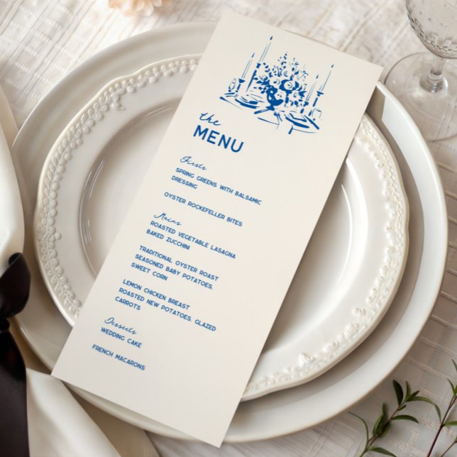 French Blue Whimsical Hand Drawn Wedding Dinner Meny (Skapare uppladdad)