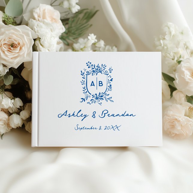 French Blue Whimsical Monogram Crest Wedding Gästböcker (Skapare uppladdad)