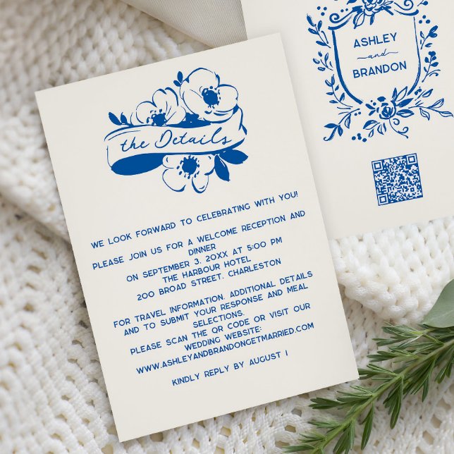 French Blue Whimsical Ribbon Crest Wedding  Tilläggskort (Skapare uppladdad)