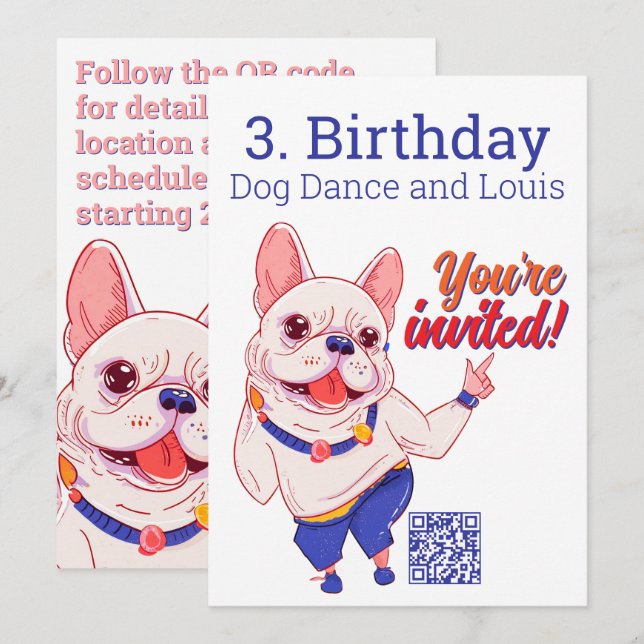 French Bulldog 3. Birthday Invitation  Inbjudningar (Fram/baksida)