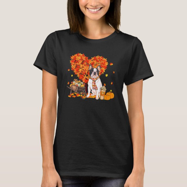 French Bulldog Autumn Tree Fall Leaves Pumpkin Dog T Shirt (Framsida)