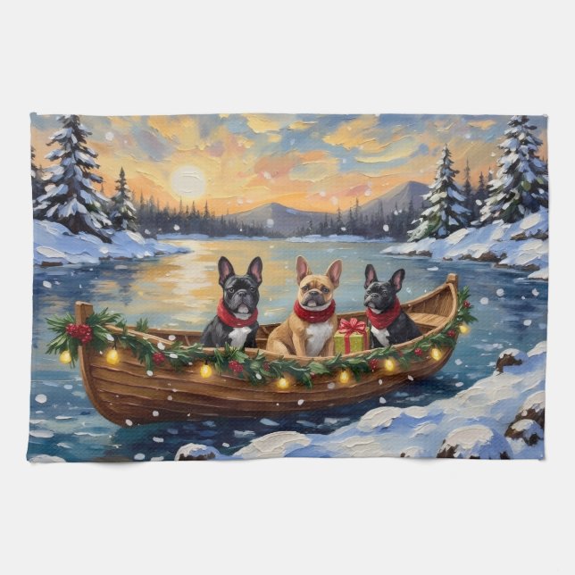 French Bulldog Christmas Boat Holiday Kökshandduk (Horisontell)