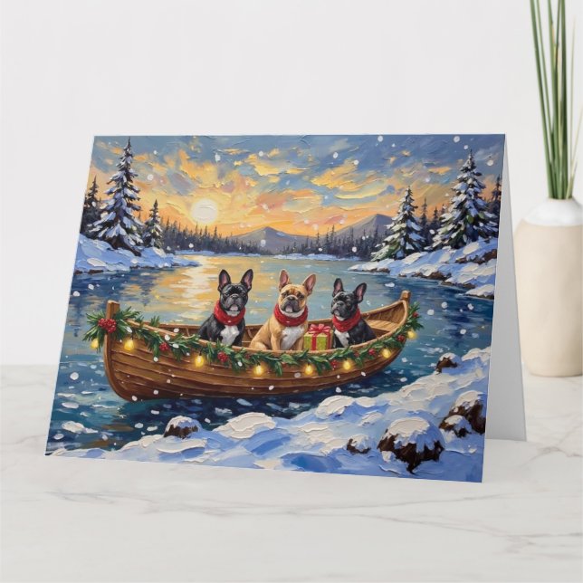 French Bulldog Christmas Boat Holiday Kort (Framsida)