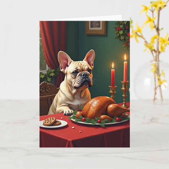 French Bulldog Christmas Eve Feast Painting Kort (Gul blomma)
