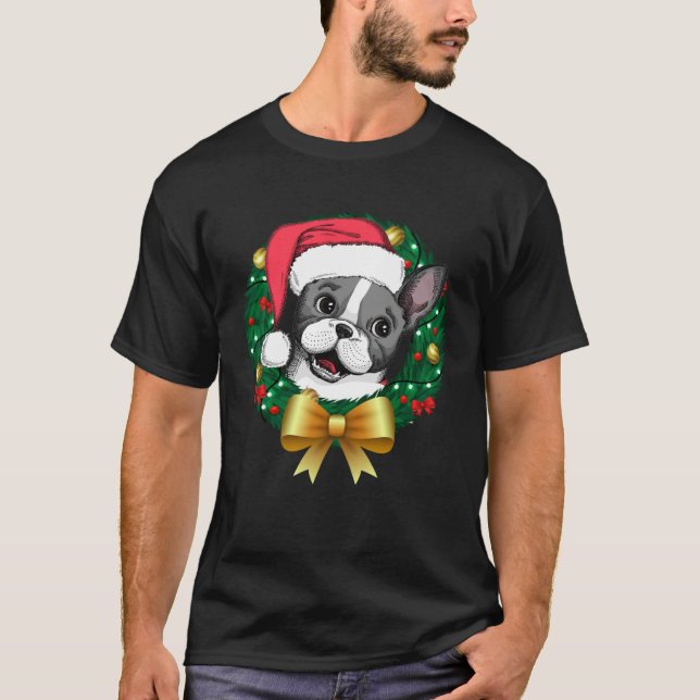 French Bulldog Christmas  Santa Xmas Wreath Tree T Shirt (Framsida)