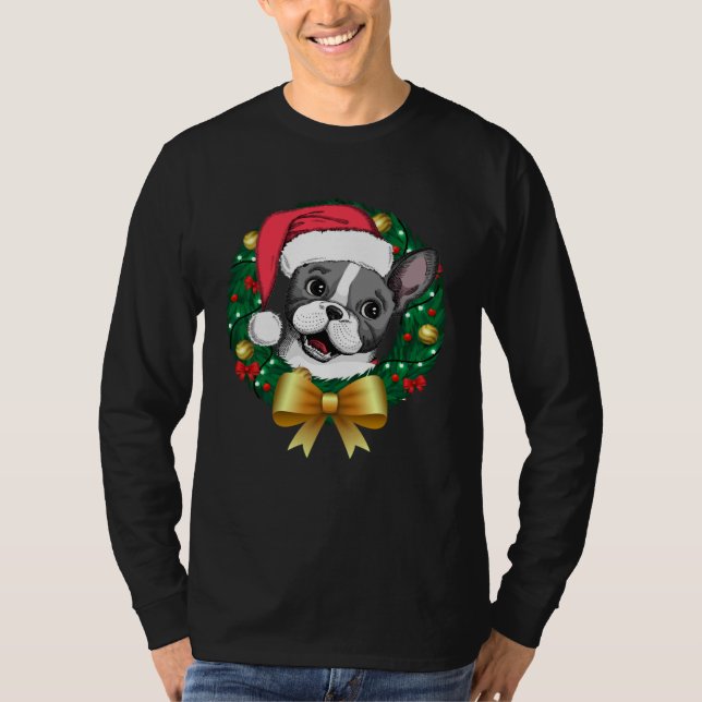 French Bulldog Christmas  Santa Xmas Wreath Tree T Shirt (Framsida)