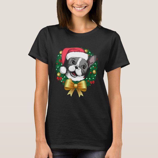 French Bulldog Christmas  Santa Xmas Wreath Tree T Shirt (Framsida)