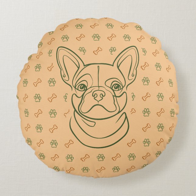 French Bulldog Decorative Line Art Pattern Rund Kudde (Framsidan)