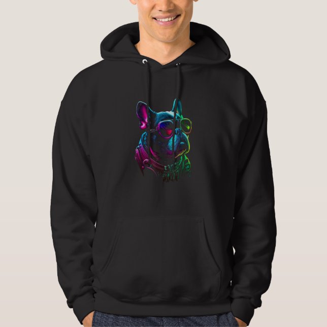 French Bulldog Dog owner Vaporwave Notorious DJ Hoodie (Framsida)