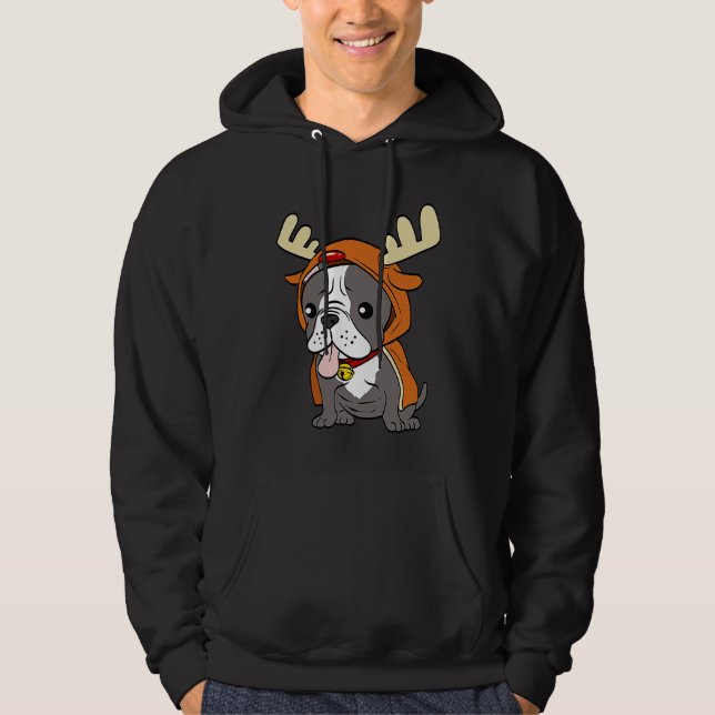 French Bulldog Dressed Up Reindeer Dogs Xmas Hoodie (Framsida)