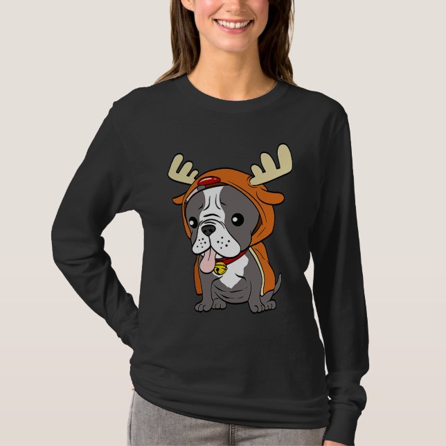 French Bulldog Dressed Up Reindeer Dogs Xmas T Shirt (Framsida)