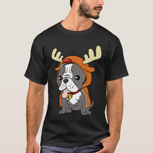 French Bulldog Dressed Up Reindeer Dogs Xmas T Shirt (Framsida)