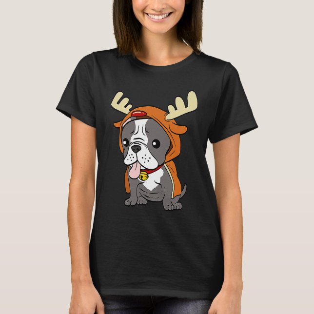 French Bulldog Dressed Up Reindeer Dogs Xmas T Shirt (Framsida)