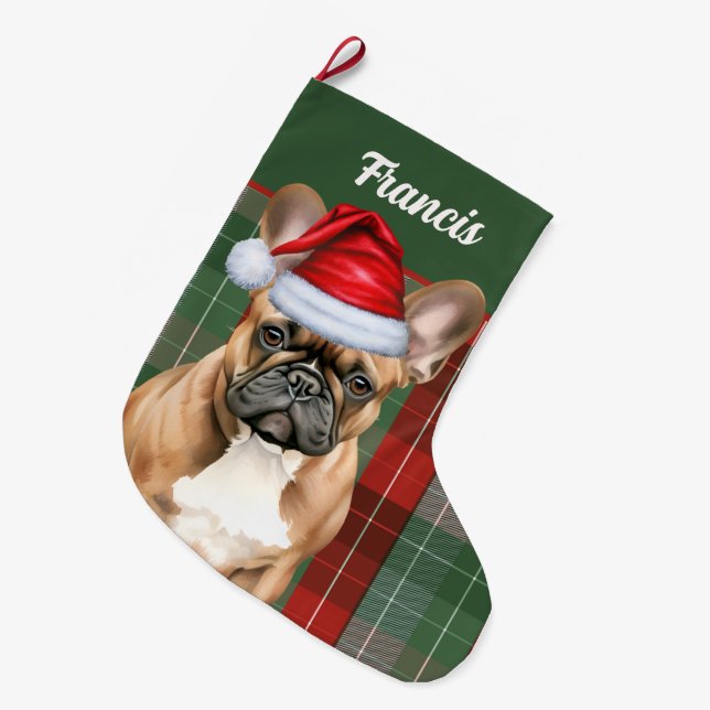 French Bulldog Holiday Plaid and Dogs Name Stor Julstrumpa (Framsidan (Hängande))