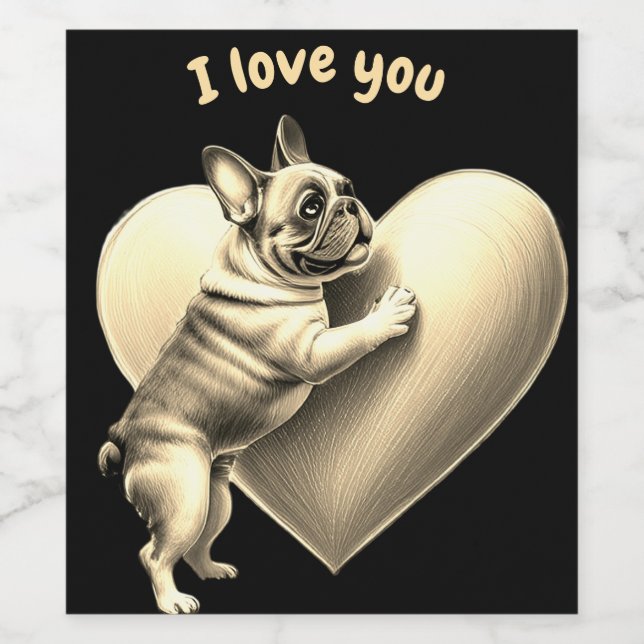 French Bulldog I love you Vinflaska Etikett (Singel etikett)