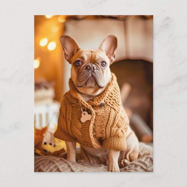 French Bulldog in Knitted Dog Attire Helg Vykort (Framsida)
