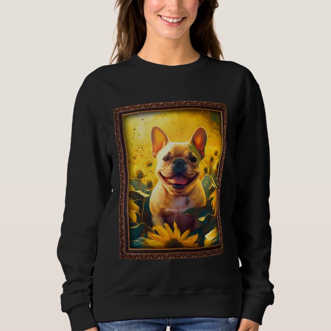 French Bulldog Painting Frenchie Sunflower Flower  T Shirt (Framsida)