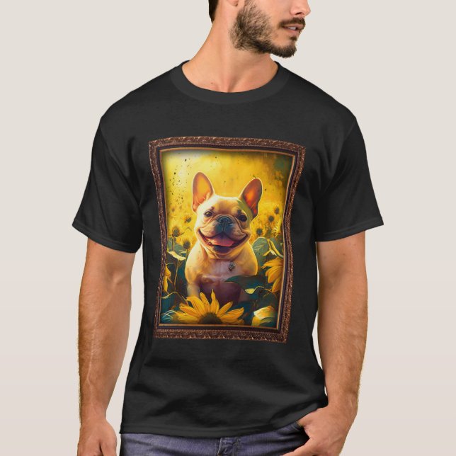French Bulldog Painting Frenchie Sunflower Flower  T Shirt (Framsida)