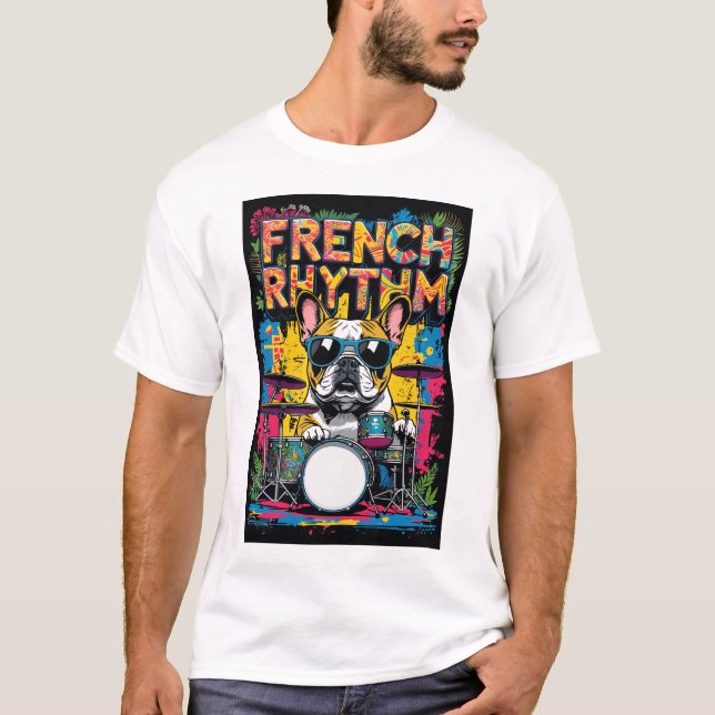 French Bulldog Playing Drums T Shirt (Framsida)