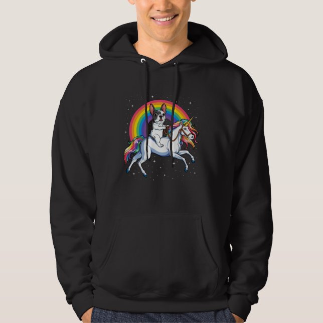French Bulldog Riding Unicorn Girls Rainbow  Galax Hoodie (Framsida)