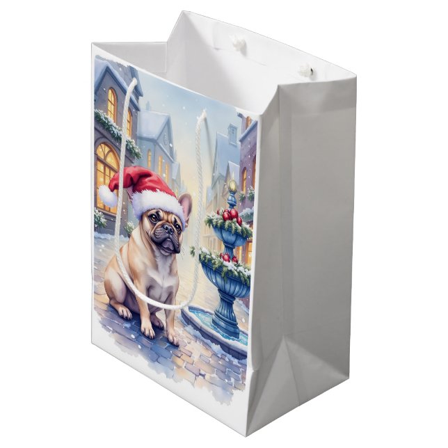 French Bulldog Snowy Town Fountain Santa Christmas (Framsidan Vinklad)