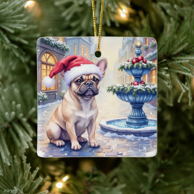 French Bulldog Snowy Town Fountain Santa Christmas Julgransprydnad Keramik (Träd)