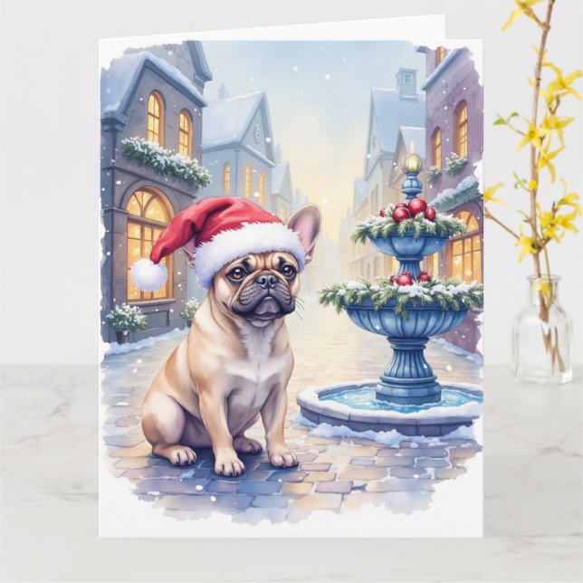 French Bulldog Snowy Town Fountain Santa Christmas Kort (Gul blomma)