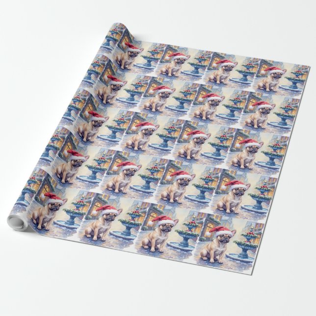 French Bulldog Snowy Town Fountain Santa Christmas Presentpapper (Utrullad)