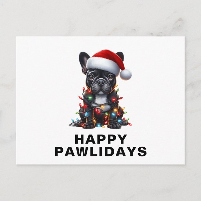 French Bulldog Tangled in Christmas Lights Funny Helg Vykort (Framsida)
