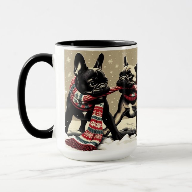 French Bulldogs Tug-of-War Christmas Mug Cup Mugg (Vänster)