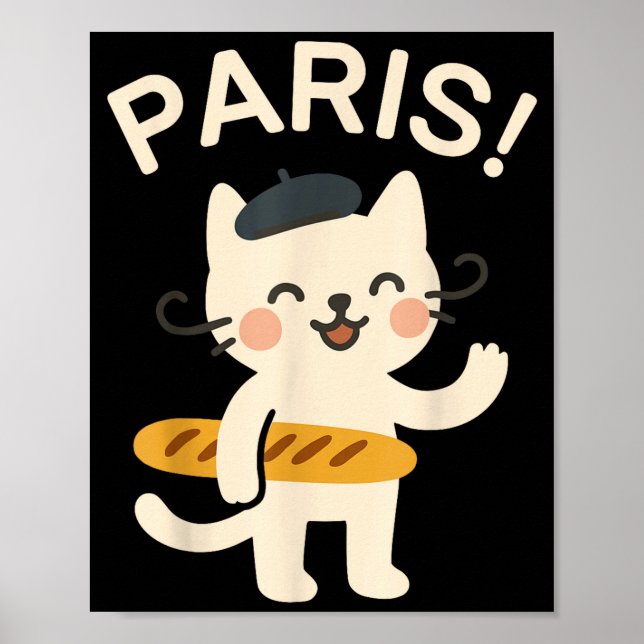 French Cat With Baguette Cute Cat Paris Funny Anim Poster (Framsidan)