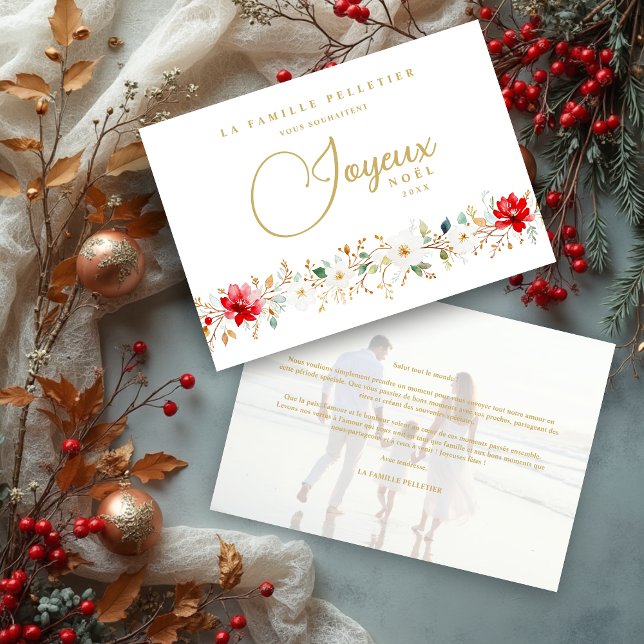 French Chic Xmas Floral Border Joyeux Nöel Photo Julkort (French Exquisite Christmas Floral Border Joyeux Noël Holiday Cards with Soft Overlay Photo.)