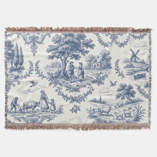 French Country - Blue & Cream Toile Countryside Filt (Framsidan)