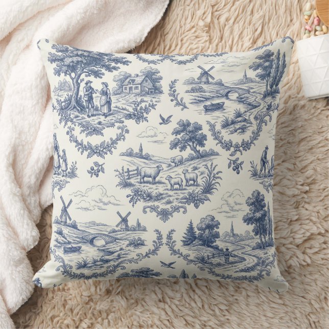 French Country - Blue & Cream Toile Countryside Kudde (Filt)