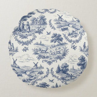 French Country - Blue & Cream Toile Countryside Rund Kudde