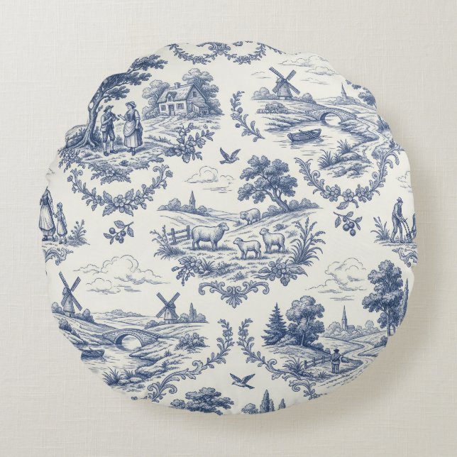French Country - Blue & Cream Toile Countryside Rund Kudde (Framsidan)