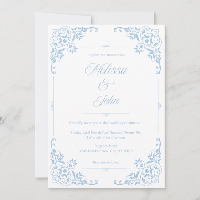 French Country Blue Filigree Wedding invitation Inbjudningar (Framsida)