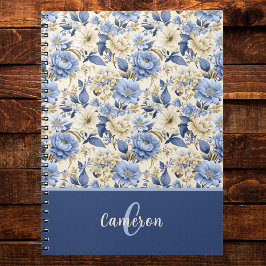 French Country Blue Floral Peonies Roses Monogram Anteckningsbok