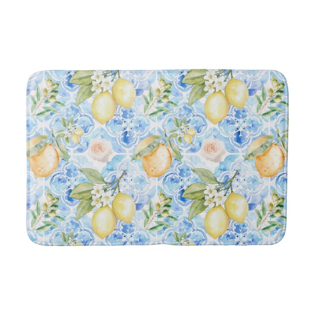 French Country Blue Tile Yellow Lemon Watercolor Badrumsmatta (Framsidan)
