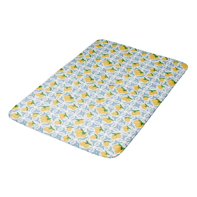 French Country Lemon Blue Floral Tile Pattern Badrumsmatta (Vinklad)