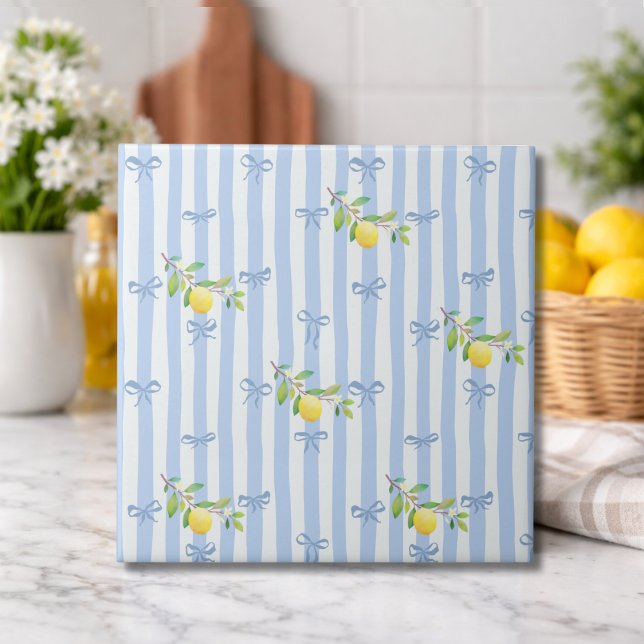 French Country Lemon  – Blue Stripe Bow Kakelplatta (Skapare uppladdad)