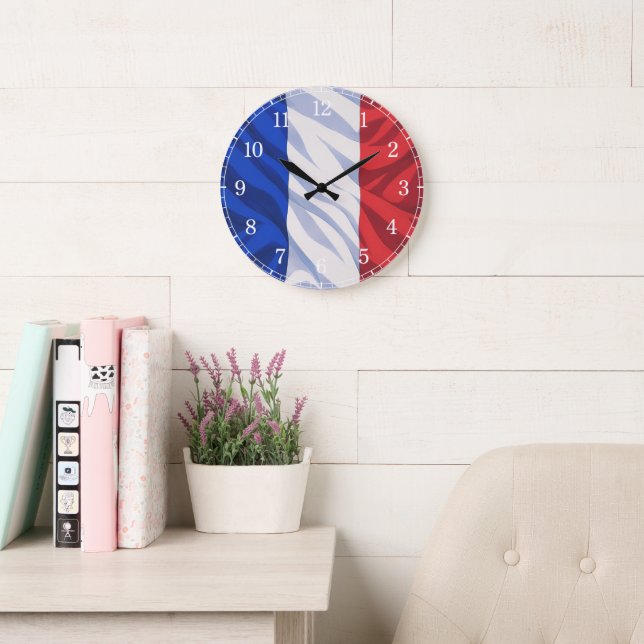 French Flag Wall Clock — Waving Flag Design Stor Klocka (Läsesal)