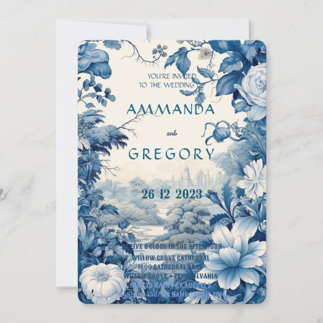 French Floral Toile Blue Invitation Inbjudningar (Framsida)