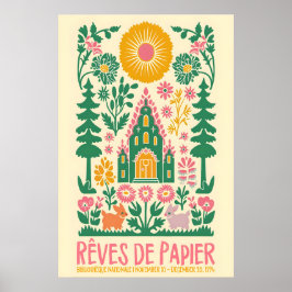 French Folk Art Print Floral Rabbit Exhibition Poster
